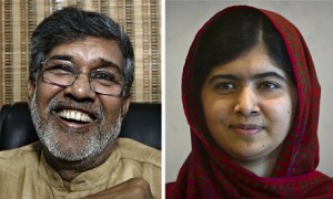 Photographs of Kailash Satyarthi on the left and of Malala Yousafzai on the right.
