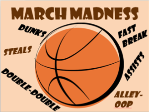 Image with the phrases "March madness," "Dunks," "Steals," "Double-double," "Alley-oop," "Assists," and "Fast breaks" around a basketball