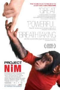 DVD cover of Project Nim shows a young chimpanzee wearing a red shirt and holding onto the finger of a person out of sight.