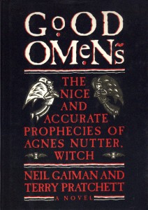 Black background with white title, "Good Omens." The red subtitle says, "The nice and accurate prophecies of Agnes Nutter, witch"