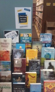 Photograph of a book display featuring fiction books