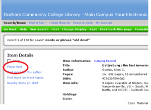 Screenshot of an item entry in the library catalog with a circle around "Place Hold" on the left side.