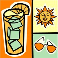 Orange, yellow, and green clipart shows an iced beverage on the left, a smiling sun in the top right, and a pair of sunglasses in the bottom right.