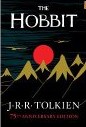 Book cover of The Hobbit shows snow-capped mountains, a red sun, and two eagles flying.