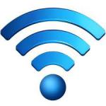 Wifi symbol of a blue dot and curved lines radiating from it