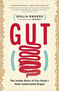 A tan cover with a comic-style representation of the intestines leading from the title of the book, Gut