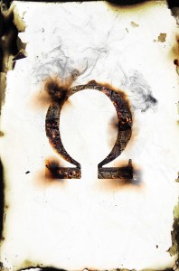 A burned and smoking Omega symbol is in the center of a white cover with burned edges