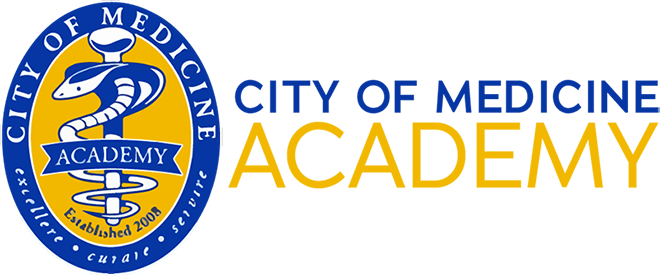 City of Medicine Academy with a snake wrapped around a staff logo