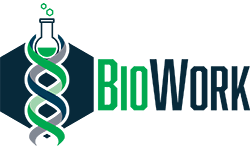Logo with a lab flask and the work BioWork