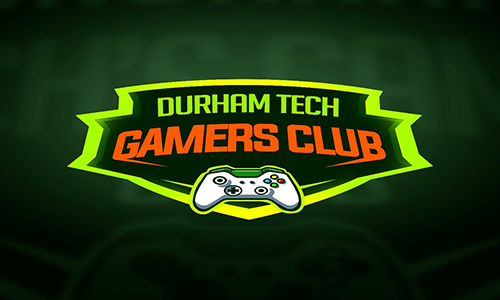 Logo: Durham Tech Gamers Club green and orange text with a game controller pictured below it