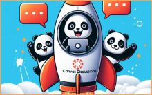 Several smiling chatting pandas ride a rocket labeled Canvas Discussions