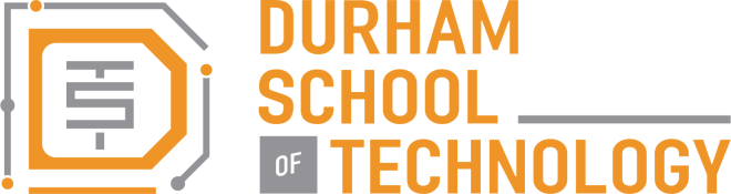 Durham School of Technology logo is orange and gray with a stylized D