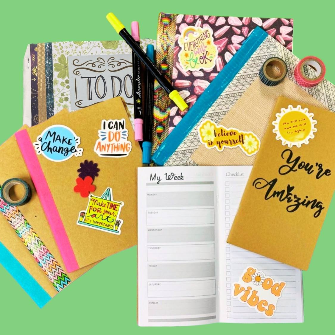 journals, calendar books, and to-do lists overlaying eachother in front of a green background