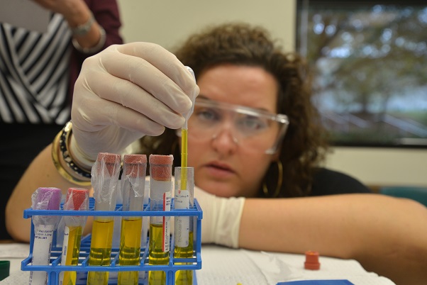 student wearing goggles and looking closely at tubes with yellow liquid