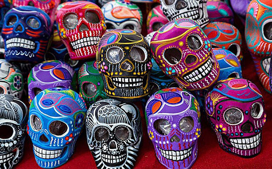 brightly painted skulls