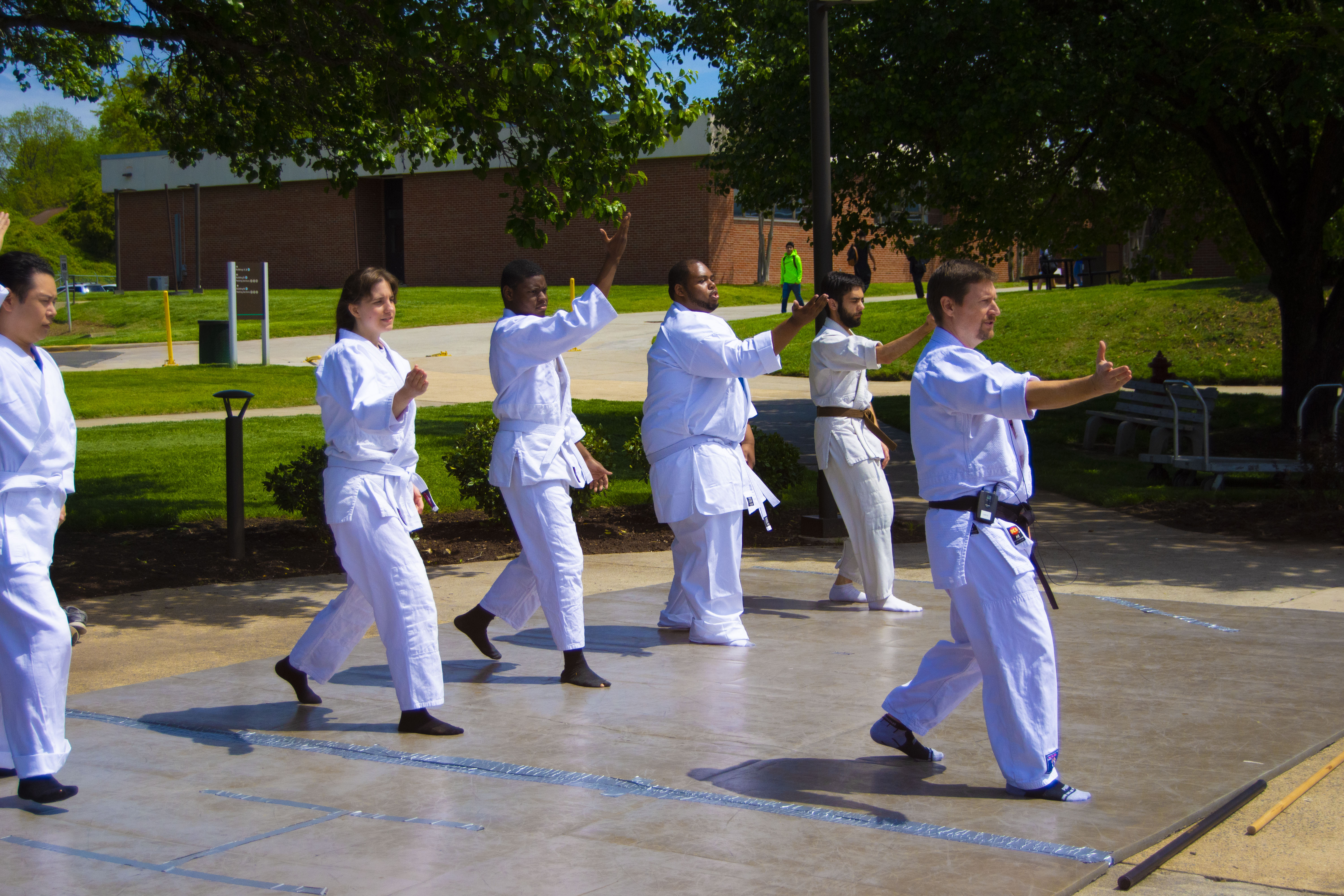 students on mat with one hand in air following instructor through aikido move