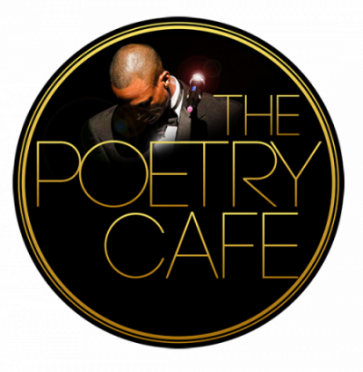 The Poetry Cafe text with man wearing black tie outfit under spotlight and behind a microphone