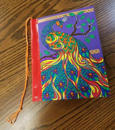 a colorful peacock on the front of a book with a yarn bookmark dangling