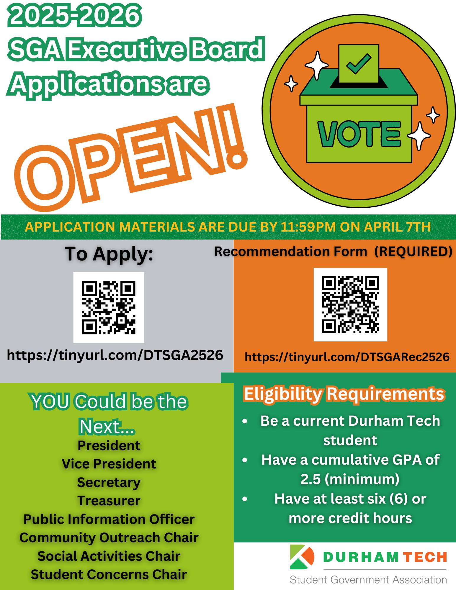 2025-2026 SGA Executive Board Applications are open! Application materials are due by 11:59 pm on April 7 - To Apply: https://tinyurl.com/DTSGA2526