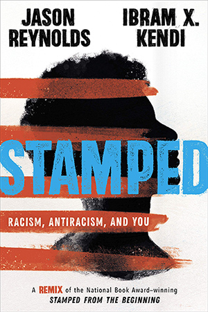 Bookcover for Stamped. A black head silhouette on a white cover with red horizontal lines slashed through it.