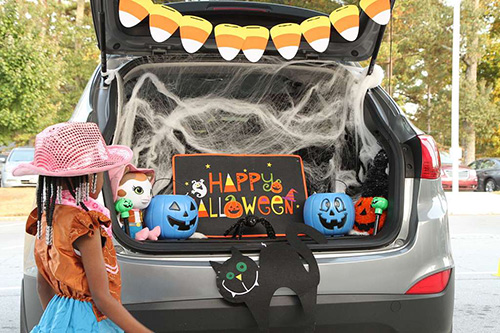 elementary school student looks at an open SUV trunk decorated for Halloween with a black cat and painted pumpkins