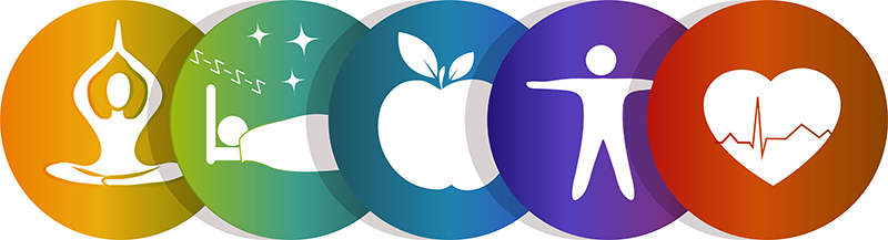icons of a person meditating, sleeping, an apple, exercise, and a heartbeat 