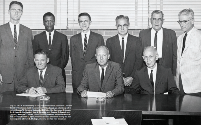 The Durham Industrial Education Center’s Board of Trustees founding members are, standing, from left, George W. Newton, Nathaniel B. White, Dr. Sherwood Githens Jr., Hyland R. McDaniel, Leo A. Downey and Donnie A. Sorrell. Seated, from left, are Harold K. Collins, director of the Durham Industrial Education Center; Robert L. Lyon, who was elected chairman during the first meeting; and Edward L. Phillips, who was elected vice chairman.  