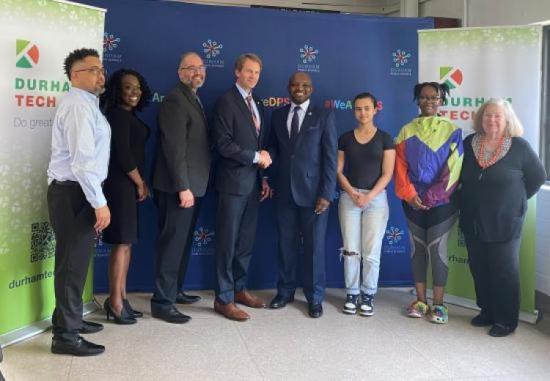 Durham Tech and Durham Public Schools at the news conference announcing their plan to ensure 25% of DPS students graduate with an associate degree or credential.
