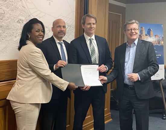 From left, Stelfanie Williams, vice president for Duke Community Affairs, J.B. Buxton, president of Durham Technical Community College, Craig Albanese, chief executive officer of DUHS, and Vincent Price, president of Duke University. 