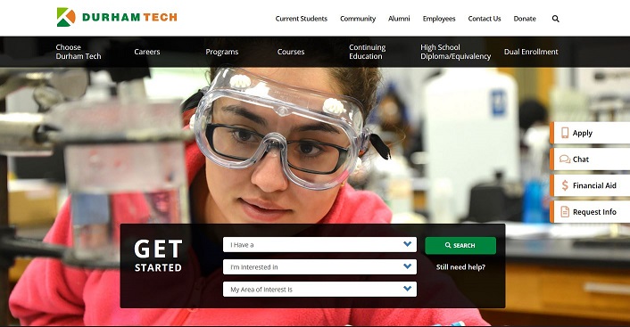 screenshot of homepage of new website, student in chemistry goggles looking at glass jar