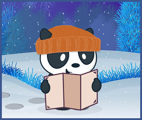 Canvas panda mascot wearing a knitted hat as he looks at a trifold document while standing in a snow-covered landscape. 