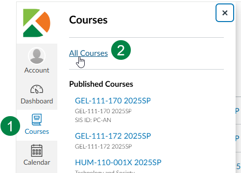 From the Global Navigation menu, select Courses and a fly-out pane appears. Select the All Courses link.