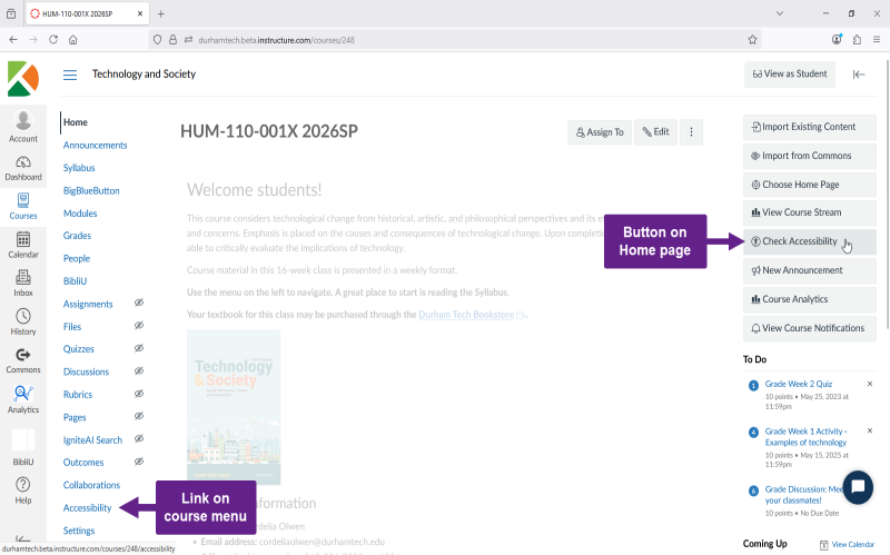 Course Home page in Canvas with a navigation menu highlighting the Accessibility link, and a course management panel showing a Check Accessibility button.
