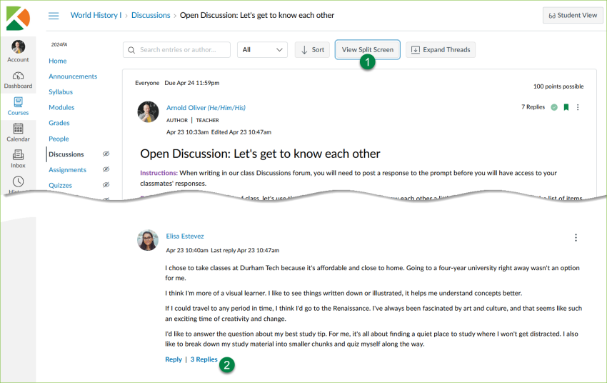 Open a Discussion topic and click the View Split Screen button followed by the number of replies for a student. Replies appear after the student's post.