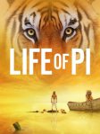 A tiger face hovers over a scene with a tiger in a boat and a boy standing on a bit of shore beside it.