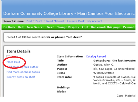 Screenshot of an item entry in the library catalog with a circle around "Place Hold" on the left side.