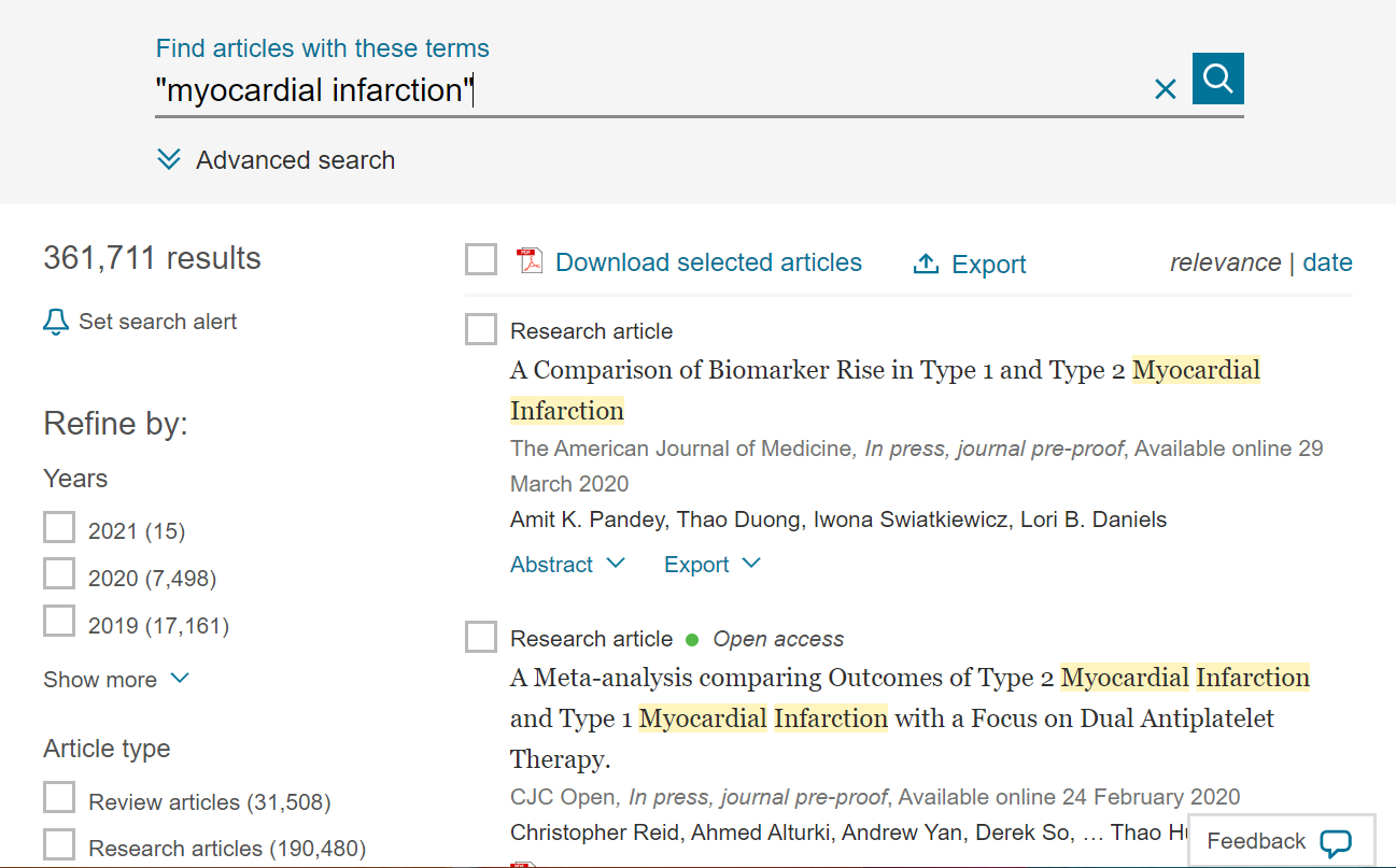 Screenshot of search using technical term for a heart attack, "myocardial infarction"