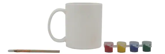 white mug with paintbrush and four colors of paint: red, yellow, blue, and green (the components of the mug painting kit)