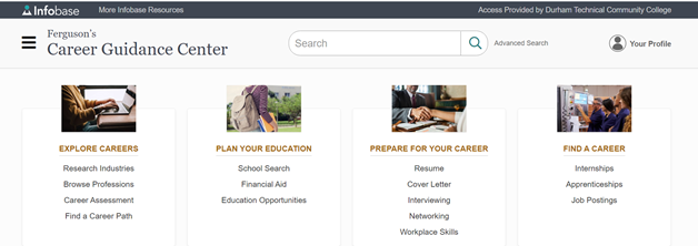 Ferguson's Career Guidance Center landing screen: Explore Careers, Plan your Education, Prepare for your Career, Find a Career