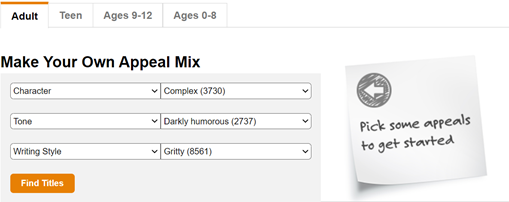 Make Your Own Appeal Mix menu showing Complex Character; Darkly Humorous Tone; Gritty Writing Style