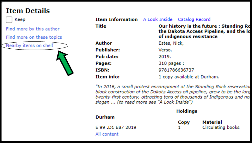 Item Details screen shot with Nearby items on shelf blue link circled