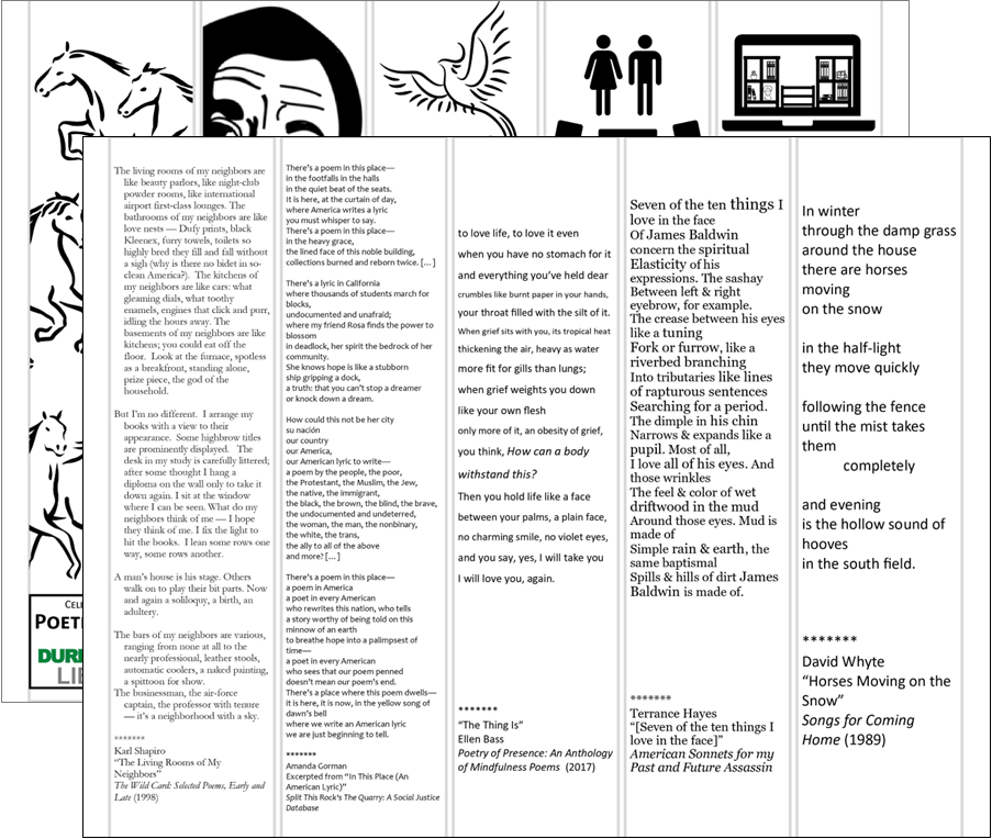 2-sided bookmarks with image on one side and poem on other side. Poems consist of Karl Shapiro's “The Living Rooms of My Neighbors,” an excerpt from Amanda Gorman's "In This Place (An American Lyric),” Ellen Bass's “The Thing Is,” Terrance Hayes's “[Seven of the ten things I love in the face],” and David Whyte's “Horses Moving on the Snow.”