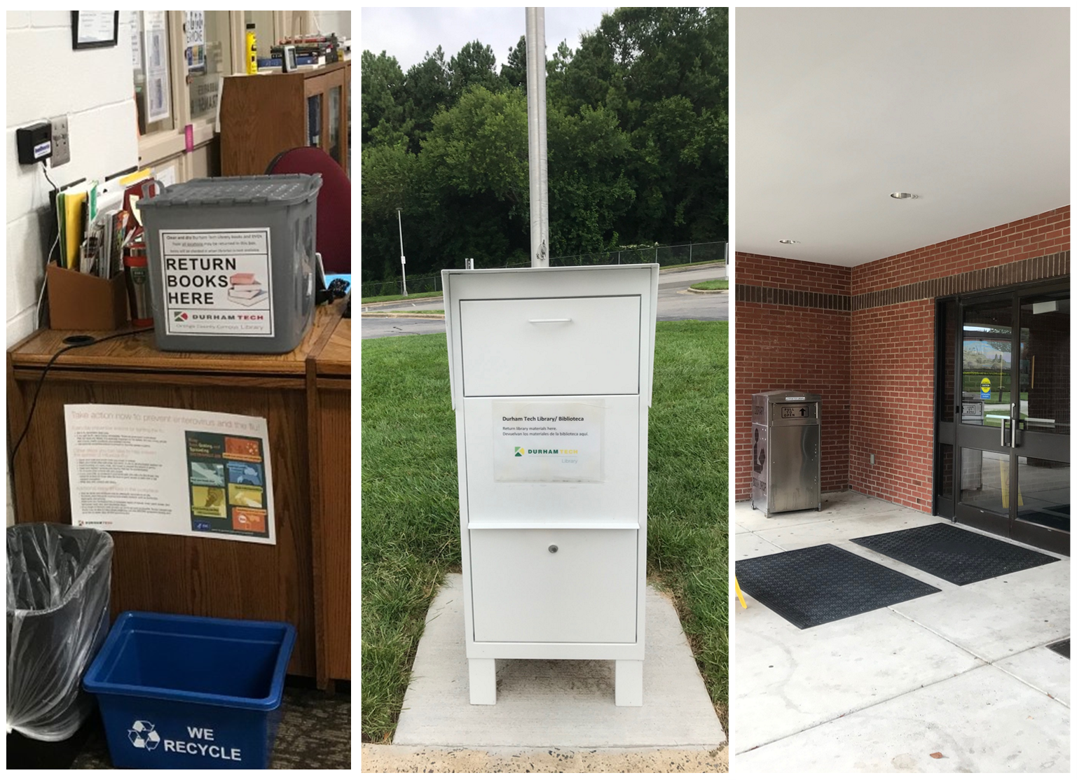 Library return boxes: OCC (inside library room on circulation desk), Main Campus in traffic circle outside Building 5, and outside Main Campus Library doors of Building 5