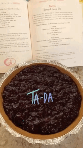 Ta Da! The finished pie in front of the recipe.