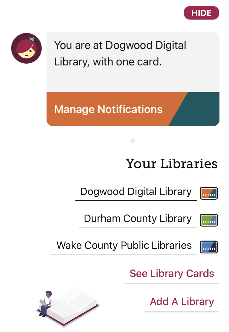 Libby Your Libraries Menu with Dogwood Digital Library, Durham County Library, and Wake County Public Libraries listed