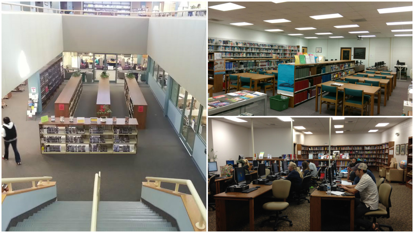 All Durham Tech Campus Libraries: Main Campus (left), Northern Durham Center (top right), Orange County Campus (bottom right)