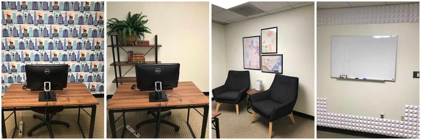 Four Recording Room zones: wallpaper, bookshelf, chairs, and whiteboard 
