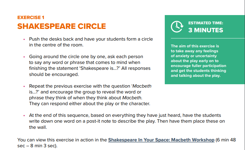 A screenshot or excerpt of the Macbeth Lesson toolkit. It describes a lesson where students form a circle and finish the statement "Shakespeare is..." and is estimated to take three minutes.