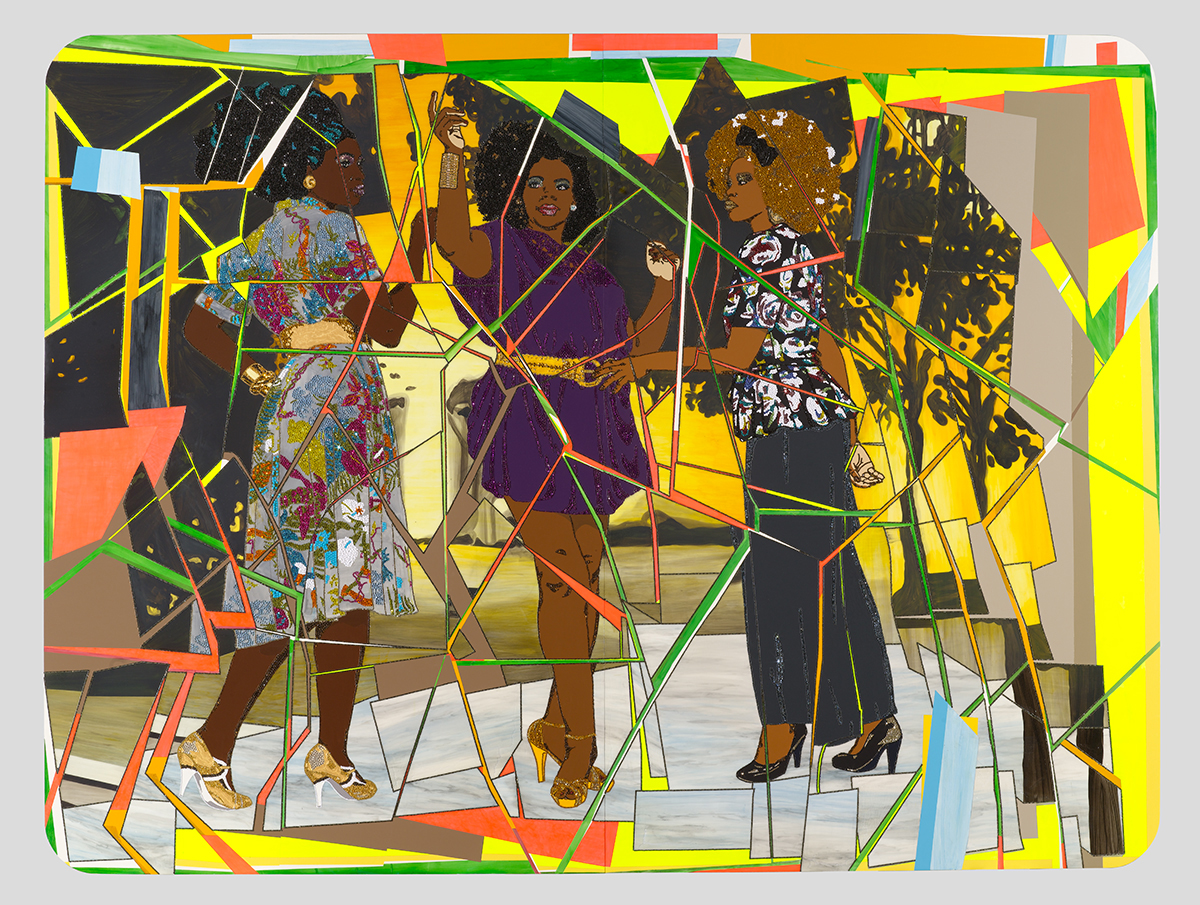 Three Graces: Les Trois Femmes Noires by mickalene thomas, a multi-media work with three black women dressed to go out toasting each other