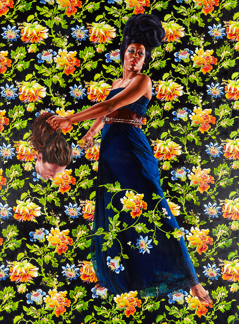 judith and holofernes by kehinde wiley, a painting of a black woman with the head of a white individual with long brown hair on a vibrant floral background